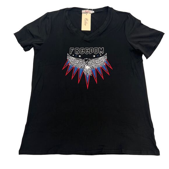Roshop Women's Freedom Logo Short Sleeve V-neck Black T shirt size L - Picture 3 of 7